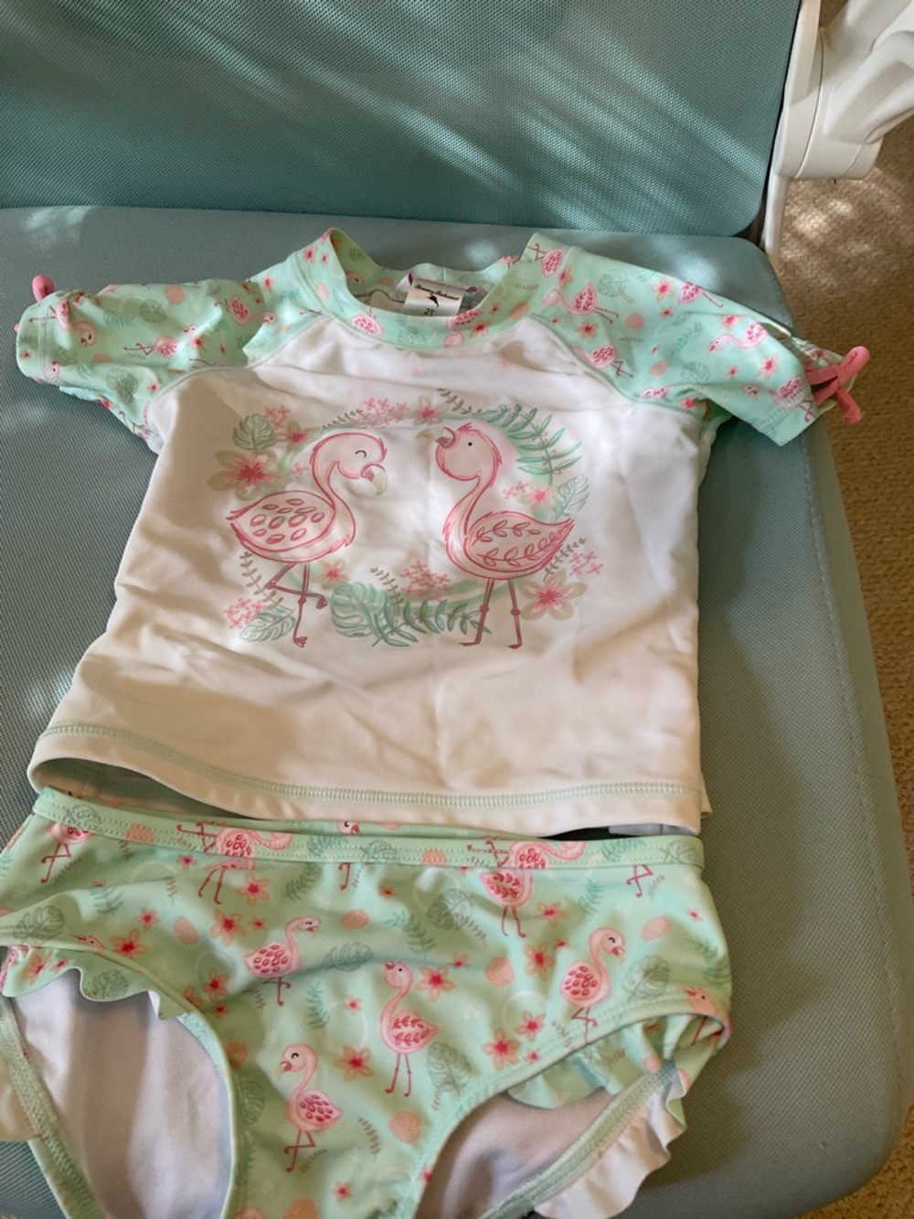 Tommy Bahama Toddler Girl 2T Mint Flamingo Rash Guard Bathing Suit Set